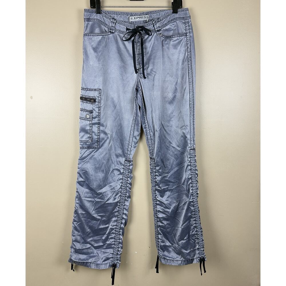 Women’s Express Satin CargoPant Size 12 Convertible Capri Adjustable Drawstring - Picture 2 of 14